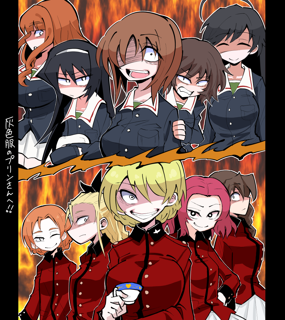 6+girls ahoge assam_(girls_und_panzer) bags_under_eyes black_hair black_ribbon blonde_hair blue_jacket blunt_bangs braid braided_ponytail brown_hair closed_mouth commentary_request commission constricted_pupils crazy_eyes cup darjeeling_(girls_und_panzer) frown girls_und_panzer green_shirt grimace grin hair_over_shoulder hair_pulled_back hair_ribbon hairband hand_on_own_hip holding holding_cup holding_pillow jacket long_hair long_sleeves looking_at_viewer medium_hair military_uniform miniskirt multiple_girls nishizumi_miho nuka_cola06 one_eye_closed ooarai_military_uniform orange_hair orange_pekoe_(girls_und_panzer) partial_commentary peeking_out pillow pixiv_commission pleated_skirt red_hair red_jacket ribbon rosehip_(girls_und_panzer) rukuriri_(girls_und_panzer) shirt short_hair single_braid skirt smile smirk st._gloriana's_military_uniform teacup translated twin_braids uniform white_hairband white_skirt