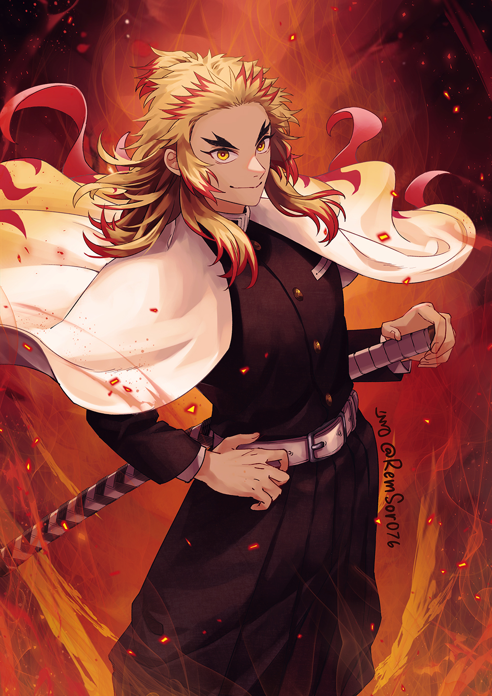 1boy belt belt_buckle black_hakama black_jacket blonde_hair buckle closed_mouth demon_slayer_uniform forked_eyebrows grey_belt hakama hand_on_hilt hand_on_own_hip haori highres jacket japanese_clothes katana kimetsu_no_yaiba long_hair long_sleeves male_focus multicolored_hair red_hair remsor076 rengoku_kyoujurou solo standing sword twitter_username two-tone_hair weapon yellow_eyes