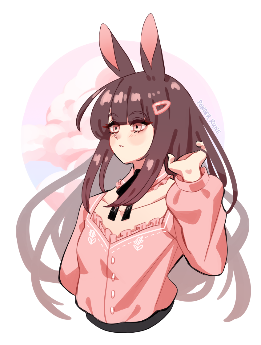 animal_humanoid brown_hair clothed clothing eyebrow_through_hair eyebrows female fingers hair humanoid lagomorph lagomorph_humanoid leporid_humanoid long_hair mammal mammal_humanoid pink_clothing powderrune rabbit_humanoid solo translucent translucent_hair