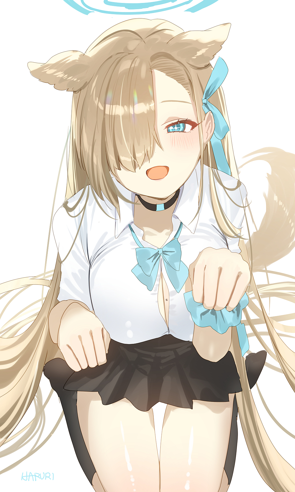 1girl animal_ears aqua_bow aqua_bowtie artist_name black_skirt black_socks blue_archive blush bow bowtie breasts brown_hair button_gap cleavage dog_ears dog_tail hair_over_one_eye halo haruri highres kemonomimi_mode kneehighs large_breasts long_hair looking_at_viewer loose_bowtie miniskirt mole mole_under_eye one_eye_covered paw_pose school_uniform scrunchie seiza shirt simple_background sitting skirt smile socks solo straight_hair tail very_long_hair white_background white_shirt wrist_scrunchie