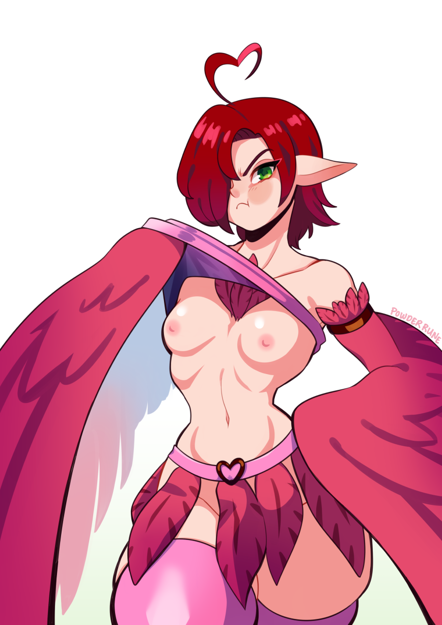 areola avian biped breasts european_mythology eyebrows feathered_wings feathers female greek_mythology green_eyes hair hair_over_eye harpy hi_res humanoid mythological_avian mythology nipples one_eye_obstructed powderrune red_hair simple_background solo white_background wings
