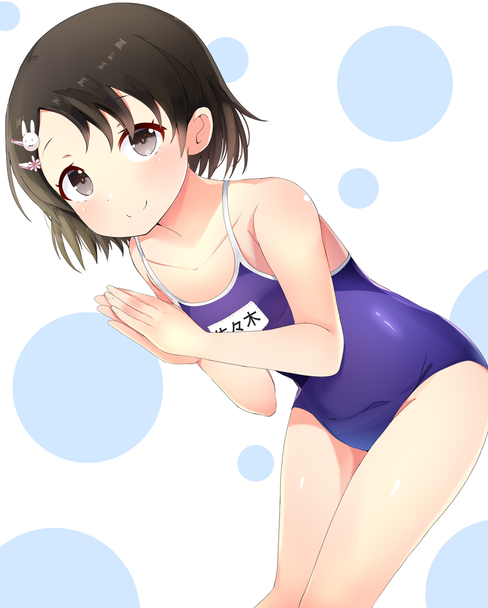 1girl aru_(arudes) blue_one-piece_swimsuit brown_eyes brown_hair commentary_request hair_ornament hairclip highres idolmaster idolmaster_cinderella_girls leaning_forward looking_at_viewer name_tag old_school_swimsuit one-piece_swimsuit own_hands_together sasaki_chie school_swimsuit short_hair smile solo swimsuit thighs