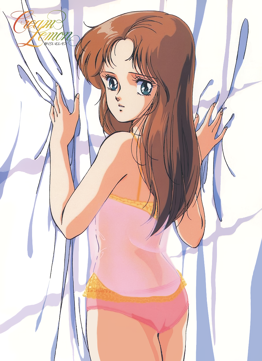 1980s_(style) 1girl aqua_eyes ass back brown_hair chemise copyright_name cowboy_shot cream_lemon curtains highres long_hair looking_at_viewer looking_back non-web_source official_art panties pink_panties retro_artstyle see-through solo underwear underwear_only