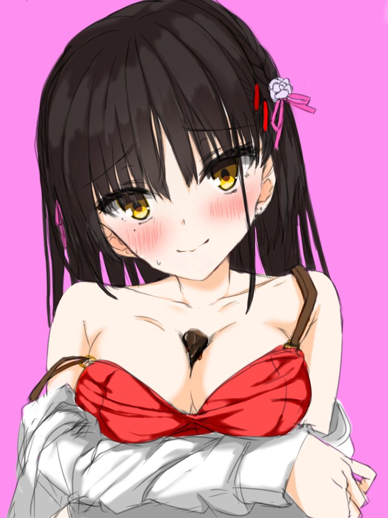 1girl arm_under_breasts bare_shoulders black_hair blush bra braid breasts cafe_stella_to_shinigami_no_chou chocolate chocolate_on_body chocolate_on_breasts closed_mouth collarbone commentary eyes_visible_through_hair food_on_body hair_between_eyes hair_ornament hair_ribbon hairclip head_tilt long_sleeves looking_at_viewer medium_breasts nervous_smile pink_background pink_ribbon red_bra ribbon shiki_natsume shirt shy side_braid simple_background sketch smile solo strap_slip sweatdrop takaaya80676981 tsurime underwear upper_body valentine wavy_mouth white_shirt yellow_eyes