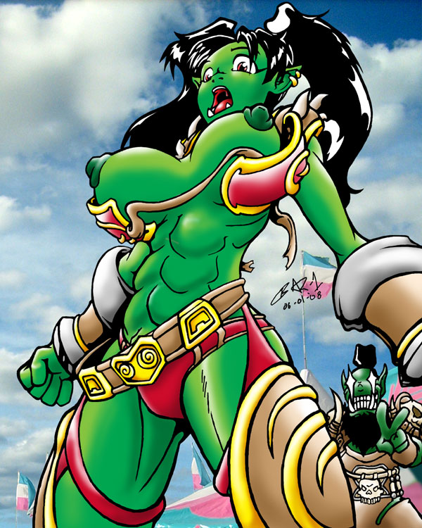 armor_malfunction bar1 big_thighs breasts female green_skin muscles muscular_female nipples orc solo surprise thick_thighs tusks unconvincing_armor unconvincing_armour v_sign wardrobe_malfunction