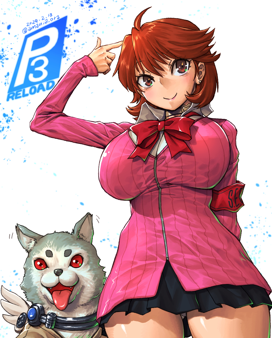 1girl amania_orz animal arm_behind_back arm_up black_skirt bow bowtie breasts brown_eyes brown_hair cardigan choker closed_mouth collar collared_shirt commentary_request cowboy_shot dated dog earrings fake_wings finger_to_head heart heart_choker jewelry koromaru_(persona) large_breasts long_sleeves miniskirt pearl_earrings persona persona_3 persona_3_reload pink_cardigan pointing pointing_at_self red_bow red_bowtie red_eyes s.e.e.s shirt short_hair skirt smile stud_earrings takeba_yukari tongue tongue_out twitter_username white_shirt white_wings wings