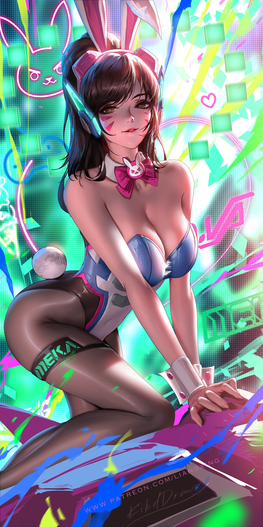 1girl animal_ears bare_shoulders blue_leotard breasts brown_eyes brown_hair cleavage d.va_(overwatch) detached_collar english_commentary facial_mark fake_animal_ears fake_tail highres large_breasts leotard liang_xing neon_lights overwatch pantyhose parted_lips playboy_bunny ponytail rabbit_ears rabbit_tail solo strapless strapless_leotard tail whisker_markings wrist_cuffs