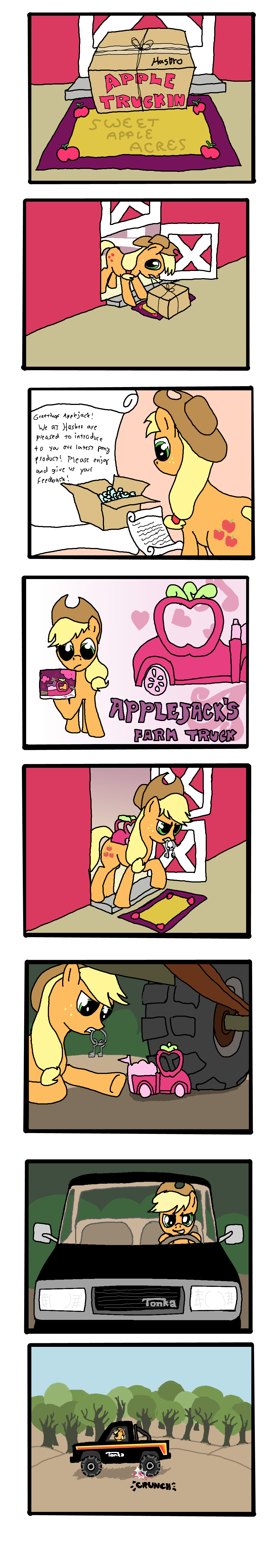 applejack_(mlp) comic crush crushing delivery dmtactical driving equine female feral friendship_is_magic hasbro horse mammal merchandise my_little_pony parcel pony solo tonka toy truck unimpressed unknown_artist ute utility_vehicle wheel