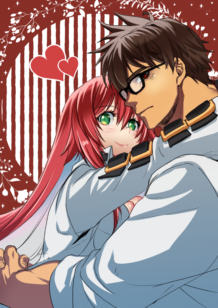 abs bodysuit breasts brown_hair copyright_request couple glasses green_eyes guilty_gear guilty_gear_strive heart highres husband_and_wife jack-o'_valentine kusu_(moo1225) looking_at_viewer pectorals red_background red_hair sol_badguy white_hair