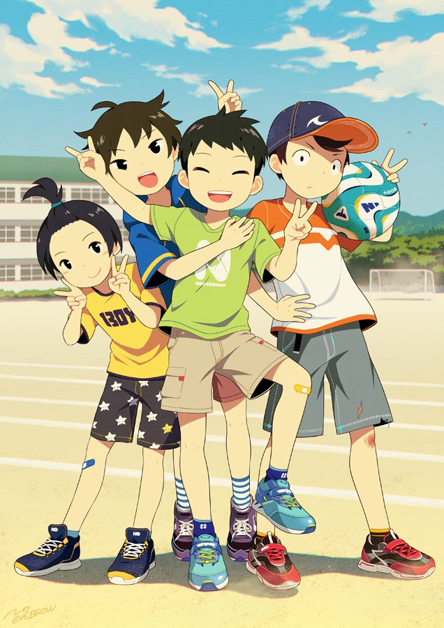 4boys ball bandaid bandaid_on_leg black_eyes blue_footwear blue_sky child cloud green_shirt long_hair male_focus multiple_boys noeyebrow_(mauve) original outdoors posing red_footwear shirt short_sleeves sky smile soccer_ball teeth very_long_hair