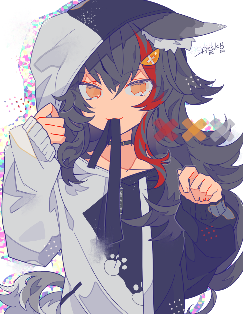 1girl :3 animal_ear_fluff animal_ears auko black_hair black_hoodie clothes_in_mouth commentary_request highres hololive hood hoodie long_hair looking_at_viewer messy_hair multicolored_hair no_nose ookami_mio ookami_mio_(3rd_costume) red_hair shadow signature simple_background smile solo streaked_hair tail two-tone_hoodie upper_body virtual_youtuber white_background white_hoodie wolf_ears wolf_girl wolf_tail x yellow_eyes