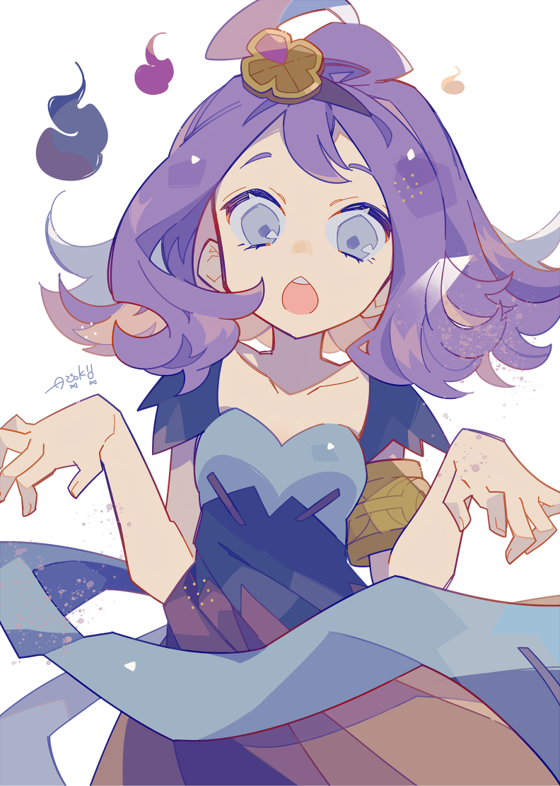 1girl :o acerola_(pokemon) auko black_dress blue_dress commentary_request dress flipped_hair ghost ghost_pose grey_eyes looking_at_viewer looking_down open_mouth pokemon pokemon_sm purple_hair scarf short_hair short_sleeves signature simple_background solo topknot white_background