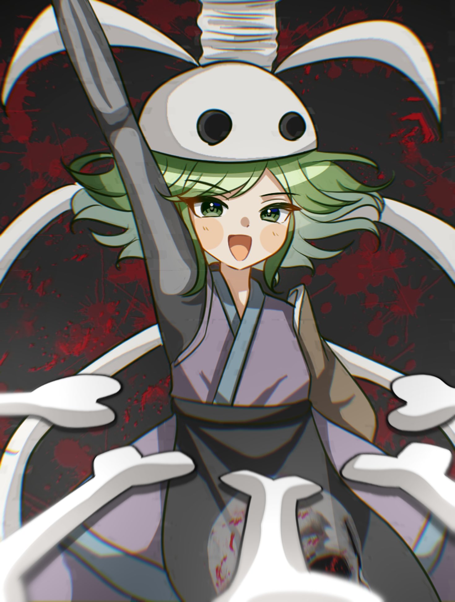 1other a_c_bb androgynous arm_up blood blood_on_clothes blue_trim brown_sleeves commentary detached_sleeves ex-sese green_eyes green_hair highres japanese_clothes kimono kitsugai_sese len'en open_mouth other_focus purple_kimono short_hair single_detached_sleeve skeletal_arm skull_on_head sleeveless sleeveless_kimono smile solo v-shaped_eyebrows