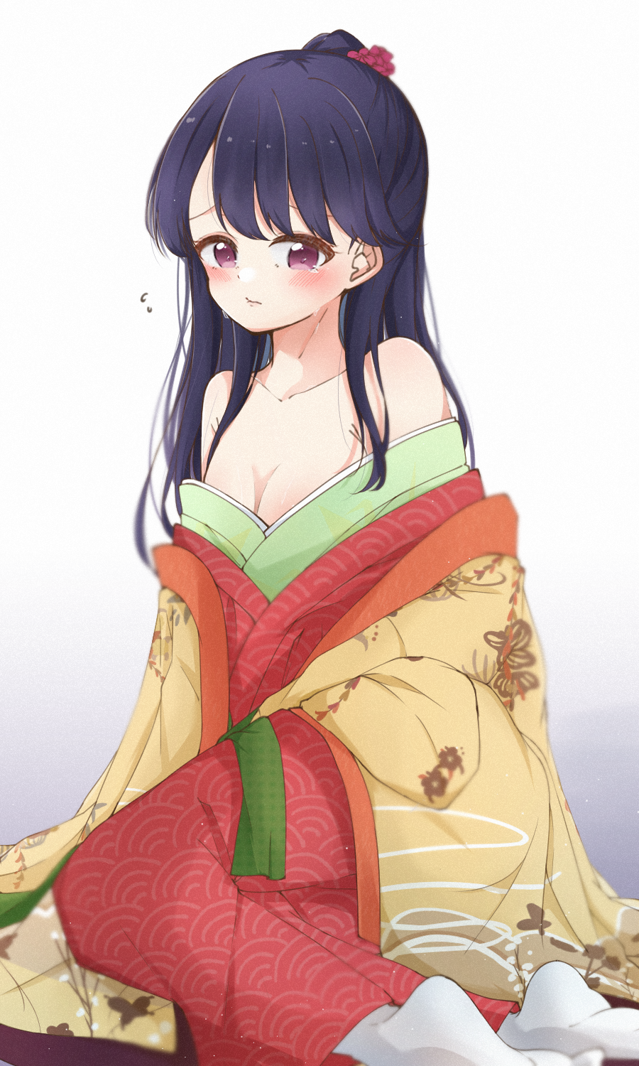 1girl alternate_costume alternate_hairstyle bare_shoulders blue_hair blush breasts cleavage collarbone dark_blue_hair flying_sweatdrops fukumaru_koito gradient_background haori highres idolmaster idolmaster_shiny_colors japanese_clothes kimono kimono_pull looking_at_viewer purple_eyes red_kimono simple_background sitting small_breasts socks solo teardrop tears white_socks yokozuwari yukiwanabiku