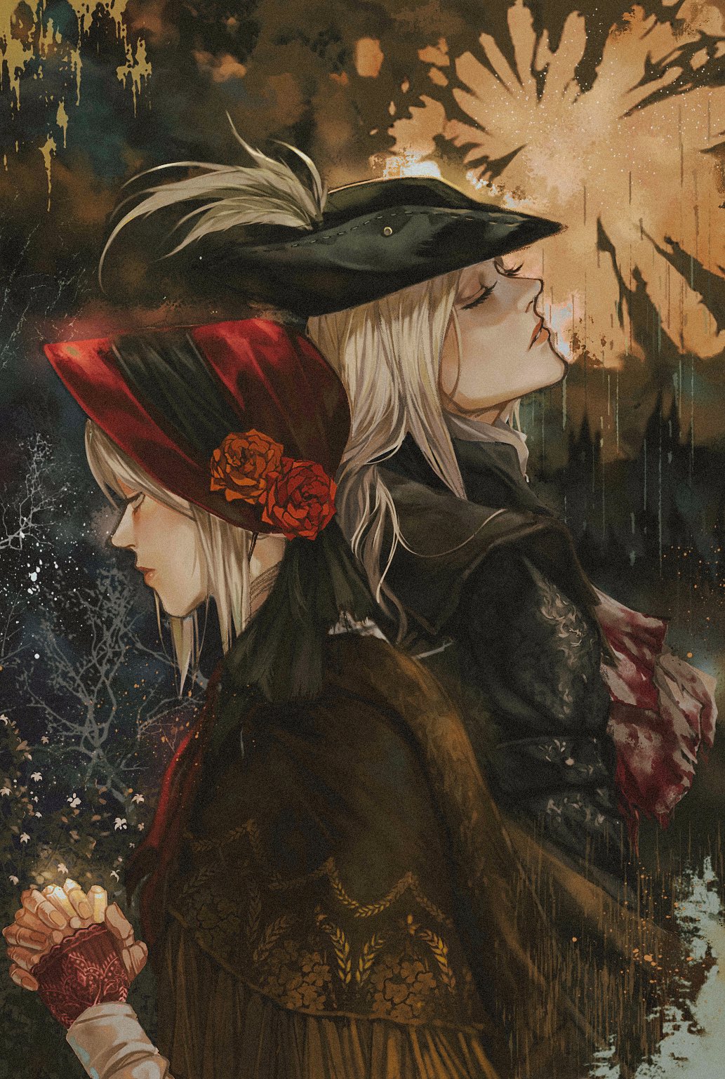 2girls ascot back-to-back black_headwear blood blood_on_clothes bloodborne bonnet brown_cloak cloak closed_eyes closed_mouth commentary doll_joints english_commentary from_behind hat hat_feather highres interlocked_fingers joints lady_maria_of_the_astral_clocktower lips long_hair multiple_girls own_hands_together pale_skin parted_lips pink_lips plain_doll profile short_hair white_ascot white_hair yujia0412