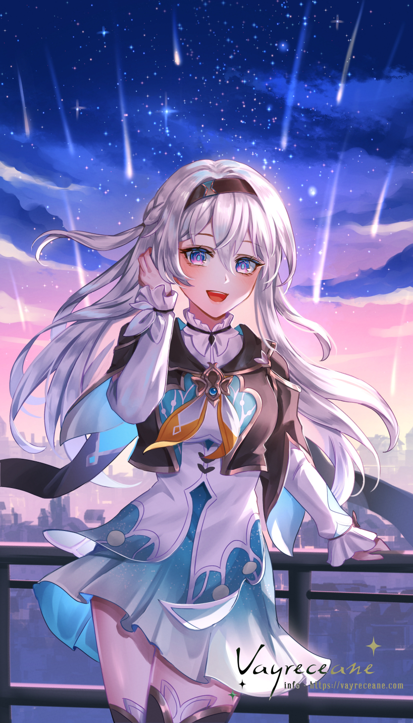 1girl :d against_railing arm_support artist_name black_cape black_hairband black_jacket black_thighhighs blue_eyes blue_pupils blue_skirt blush cape cloud collared_shirt contrapposto cowboy_shot cropped_jacket evening firefly_(honkai:_star_rail) floating_hair grey_hair hair_between_eyes hair_intakes hairband hand_in_own_hair highres honkai:_star_rail honkai_(series) jacket legs_together long_hair looking_at_viewer miniskirt neckerchief night night_sky open_mouth orange_neckerchief outdoors pink_eyes pleated_skirt railing shirt shooting_star sidelocks skirt sky smile solo sparkle star_(sky) starry_sky teeth thighhighs two-tone_eyes upper_teeth_only vayreceane white_shirt wind zettai_ryouiki