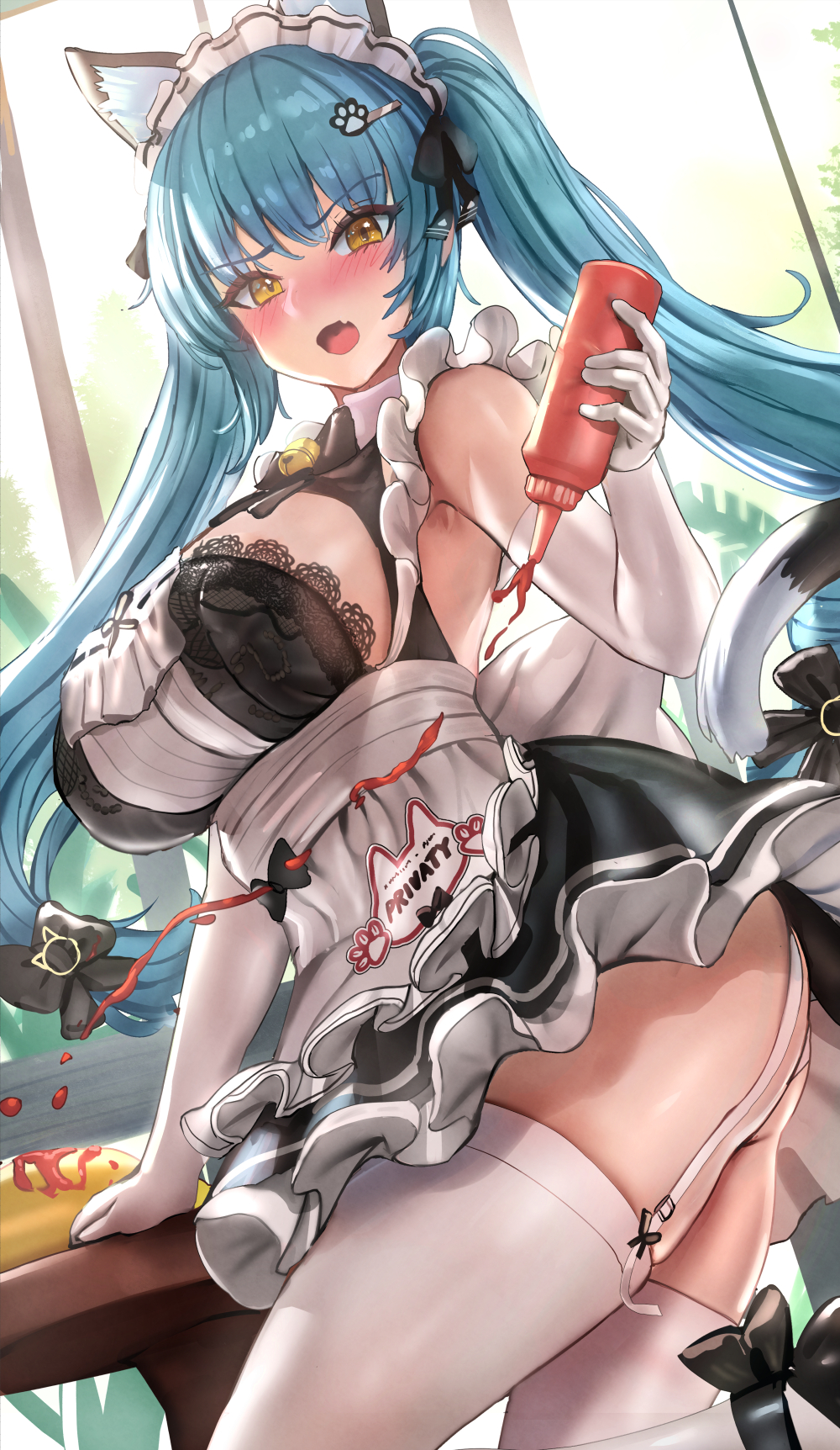 1girl animal_ears black_footwear blue_hair blush bottle breasts cat_ears cat_tail elbow_gloves fake_animal_ears fake_tail food garter_straps gloves goddess_of_victory:_nikke highres holding holding_bottle ketchup ketchup_bottle large_breasts long_hair looking_at_viewer maid_headdress official_alternate_costume omelet omurice open_mouth privaty_(nikke) privaty_(unkind_maid)_(nikke) qian_wu_atai solo tail thighhighs thighs twintails white_garter_straps white_gloves white_thighhighs yellow_eyes