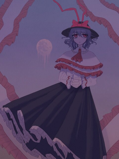 1girl black_skirt bow capelet closed_mouth dripping frilled_capelet frilled_shawl frilled_skirt frilled_sleeves frills full_moon hat hat_bow hat_ribbon interlocked_fingers jitome long_skirt moon n0een nagae_iku own_hands_together purple_hair red_eyes ribbon shawl shirt skirt sky touhou white_shirt