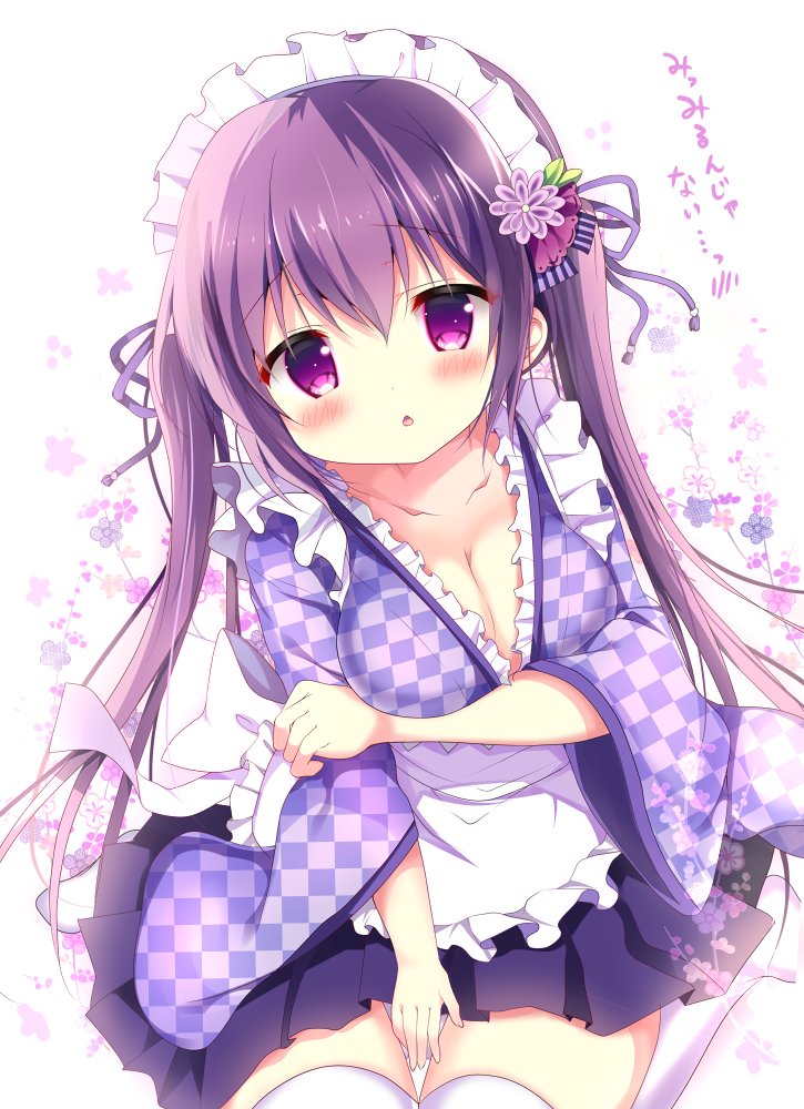 1girl apron azumi_kazuki bangs blush breasts checkered checkered_kimono chestnut_mouth cleavage collarbone commentary_request eyebrows_visible_through_hair fingernails flower frilled_apron frilled_kimono frills gochuumon_wa_usagi_desu_ka? hair_between_eyes head_tilt japanese_clothes kimono long_hair long_sleeves maid_headdress medium_breasts parted_lips pleated_skirt purple_eyes purple_flower purple_hair purple_kimono purple_ribbon purple_skirt ribbon skirt solo tedeza_rize thighhighs translation_request twintails very_long_hair wa_maid waist_apron white_apron white_legwear wide_sleeves