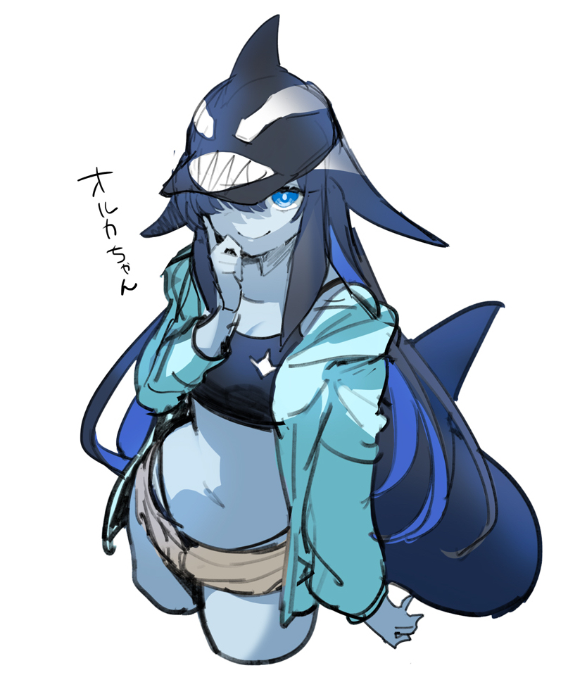 1girl animal_hat baniran_dorosu baseball_cap blue_eyes blue_hair breasts cetacean_tail cleavage colored_inner_hair colored_skin crop_top cropped_legs fins fish_tail grey_skin hair_flaps hair_over_one_eye hat hood hoodie long_sleeves looking_at_viewer midriff multicolored_hair navel orca_girl original short_shorts shorts sketch smile solo spaghetti_strap tail translated two-tone_hair