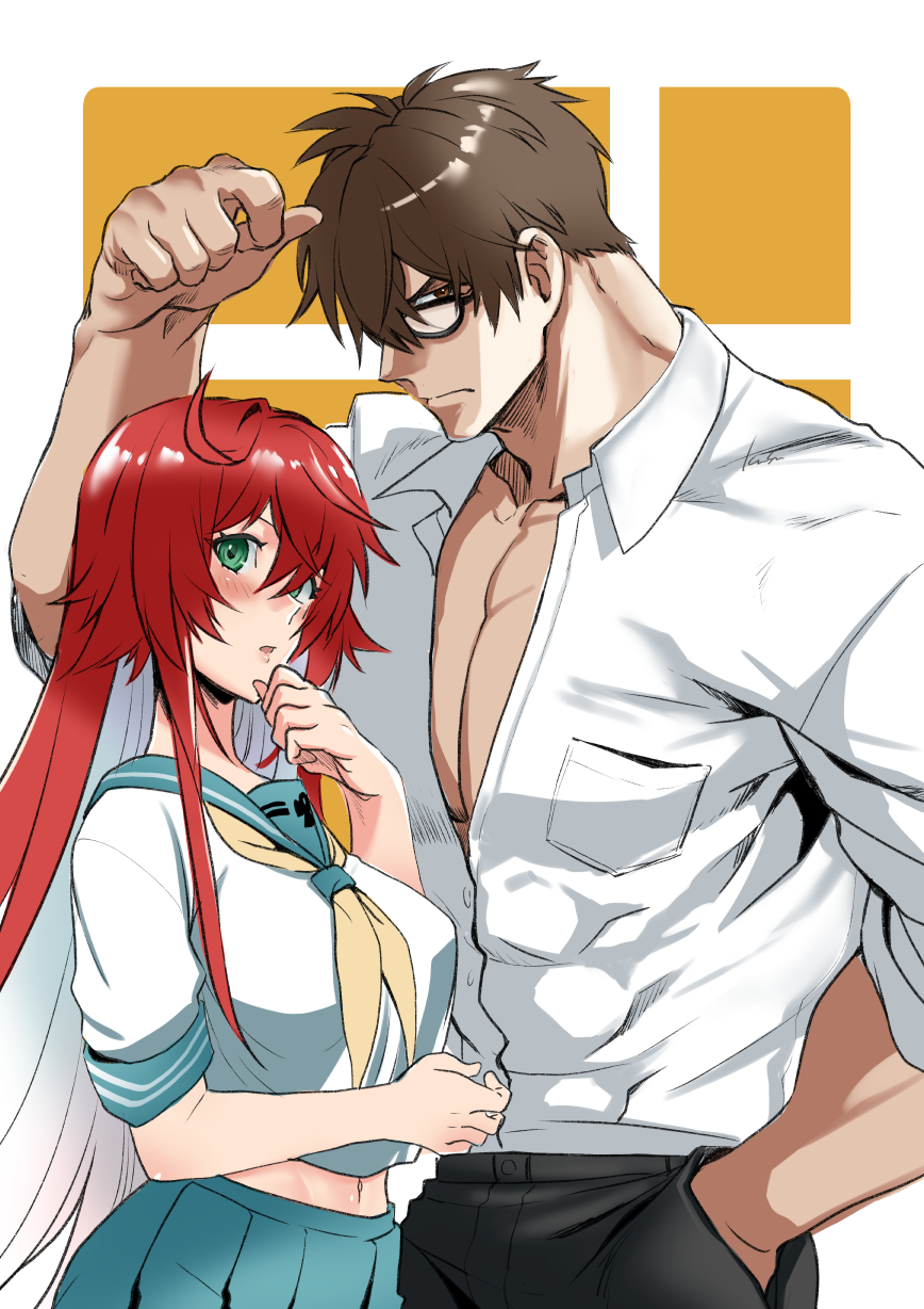 abs breasts brown_hair copyright_request glasses green_eyes guilty_gear guilty_gear_strive highres husband_and_wife jack-o'_valentine kusu_(moo1225) pectorals red_hair school_uniform sol_badguy white_hair