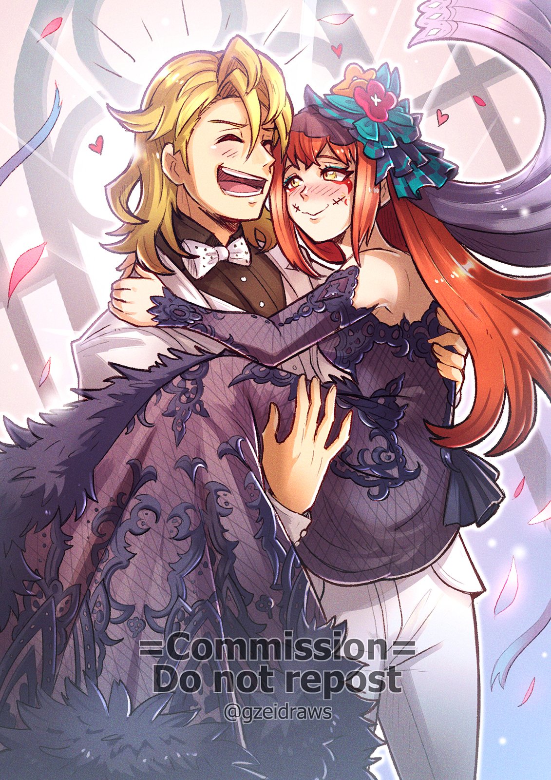1boy 1girl amber_(fire_emblem) black_dress carrying couple dress fire_emblem fire_emblem_engage gzei hair_ornament hetero highres husband_and_wife laughing panette_(fire_emblem) princess_carry smile suit wedding_dress white_suit