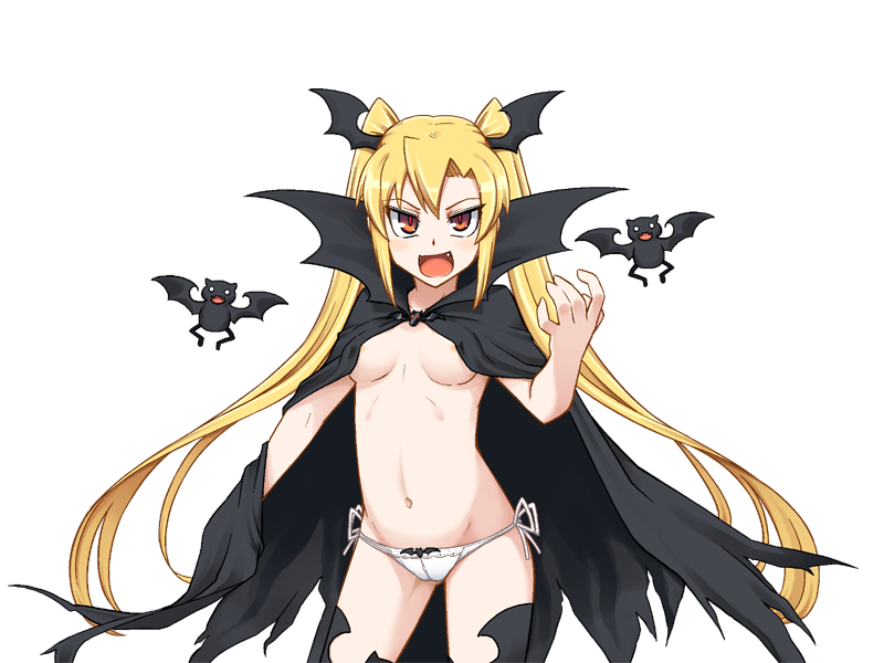 1girl :d aged_up areola_slip bat_(animal) bat_wings black_cloak black_thighhighs blush bmp-to-png_conversion breasts cloak cowboy_shot fangs game_cg hair_between_eyes hand_up head_wings jingai_modoki large_breasts long_hair looking_at_viewer mon-musu_quest! navel nearly_naked_cloak non-web_source open_mouth panties red_eyes side-tie_panties simple_background slit_pupils smile solo spoilers thighhighs transparent_background twintails underwear v-shaped_eyebrows v-shaped_eyes vampire vanilla_(mon-musu_quest!) very_long_hair white_panties wings