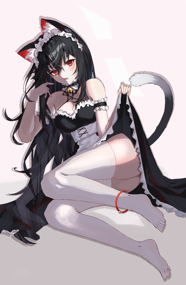 1girl animal_ear_fluff animal_ears anklet apron arm_garter ass bare_shoulders barefoot bell black_dress black_hair breasts cat_ears cat_girl cat_tail choker cleavage clothes_lift dress dress_lift feet frilled_choker frilled_dress frills full_body hair_between_eyes jewelry jingle_bell katal lifted_by_self long_hair looking_at_viewer maid maid_apron maid_headdress neck_bell no_shoes open_mouth original red_eyes simple_background sleeveless sleeveless_dress solo tail thighhighs thighs toes very_long_hair white_background white_thighhighs