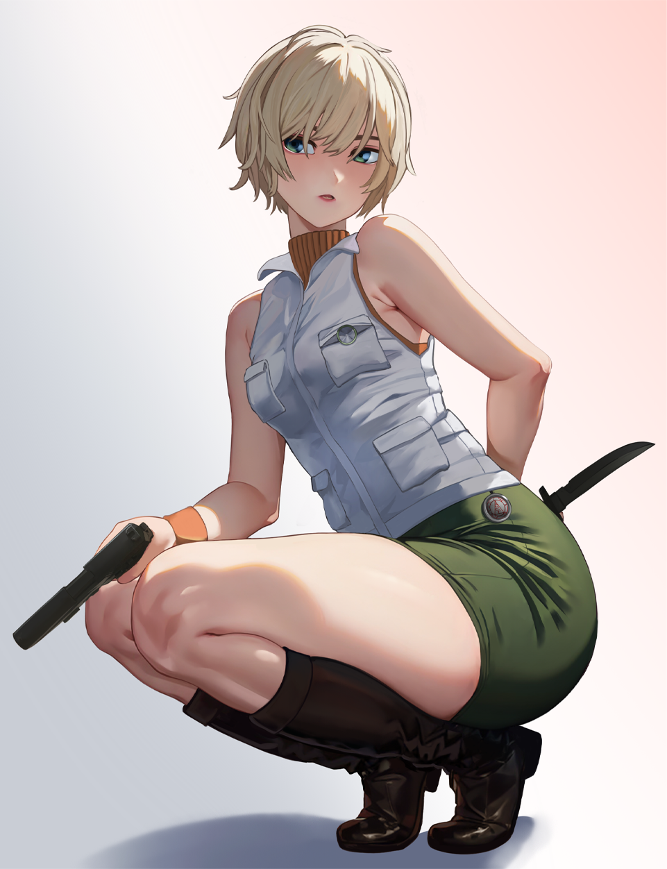 1girl blonde_hair boots dead_by_daylight full_body gun heather_mason highres holding holding_gun holding_weapon jacket looking_at_viewer miniskirt open_mouth pencil_skirt short_hair silent_hill_(series) silent_hill_3 simple_background skirt sleeveless sleeveless_turtleneck solo suzusiron thighs turtleneck vest weapon white_background wristband