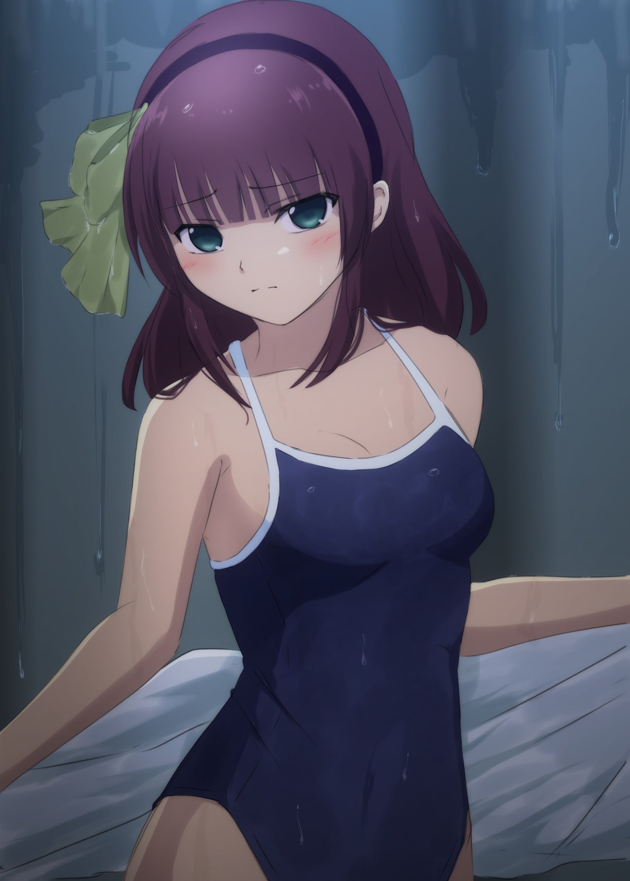 1girl alternate_costume angel_beats! bare_arms bare_shoulders black_hairband blue_one-piece_swimsuit blunt_bangs blush bow breasts cleavage closed_mouth collarbone commentary covered_navel cowboy_shot green_bow green_eyes hair_bow hairband highleg highleg_swimsuit highres holding holding_towel indoors lelie_(lelie_link) looking_at_viewer medium_breasts medium_hair nakamura_yuri one-piece_swimsuit purple_hair shy sidelocks solo split_mouth straight_hair swimsuit towel tsurime wet wet_clothes wet_hair wet_swimsuit