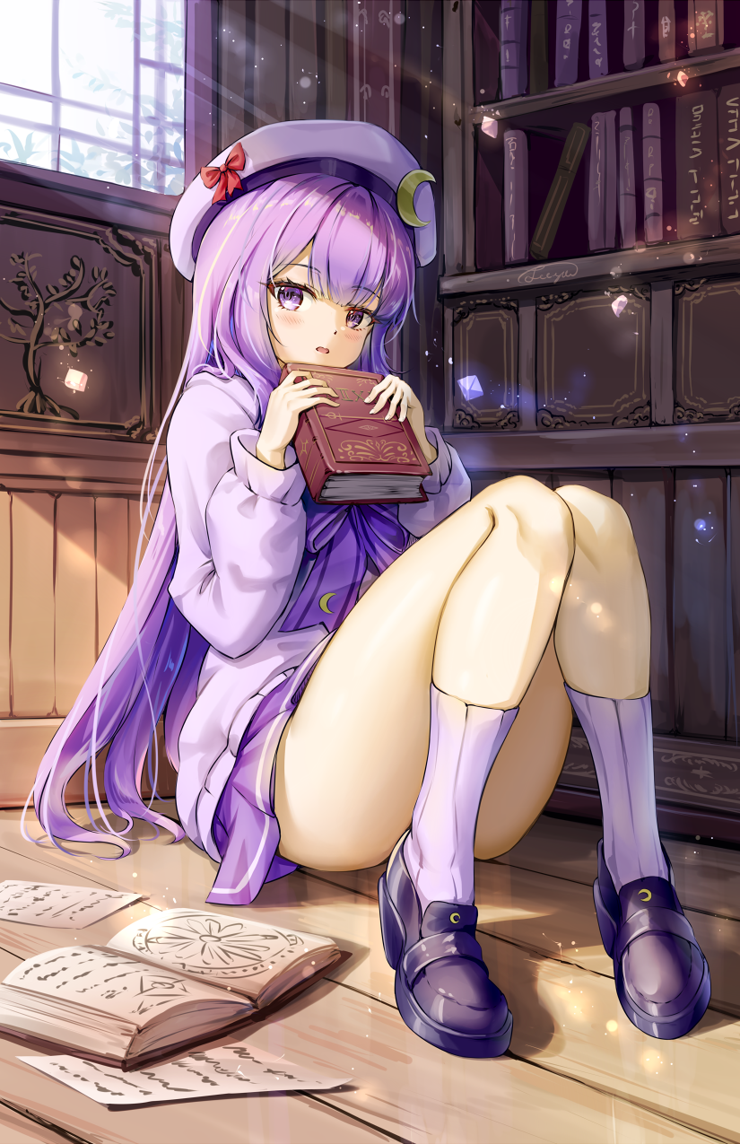 1girl ass beret black_footwear blush book bookshelf crescent crescent_hat_ornament dress fii_fii_(feefeeowo) floor hat hat_ornament highres holding holding_book indoors long_hair long_sleeves looking_at_viewer open_book open_mouth paper patchouli_knowledge purple_dress purple_eyes purple_hair purple_socks shoes socks solo touhou window