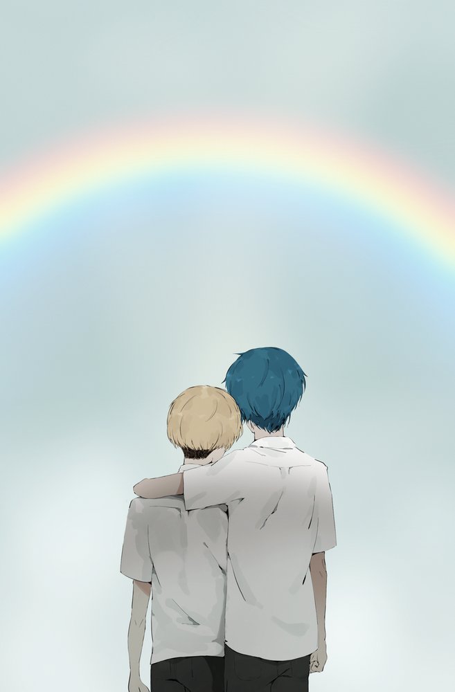 2boys acca_13-ku_kansatsu-ka arm_around_neck black_pants blonde_hair blue_hair collared_shirt facing_away jean_otus male_focus multiple_boys naruysae niino_(acca) overcast pants rainbow shirt short_hair sky undercut white_shirt yaoi