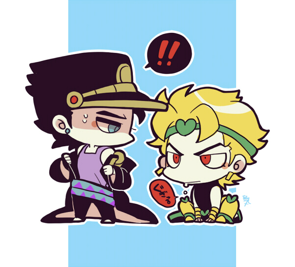 ! 2boys black_coat black_hair black_hat blonde_hair blue_eyes chibi chibi_only coat dio_brando earrings full_body hat jewelry jojo_no_kimyou_na_bouken kotorai kujo_jotaro male_focus multiple_boys no_nose outline pants red_eyes removing_coat sitting speech_bubble spoken_exclamation_mark sweatdrop translation_request white_outline yellow_pants