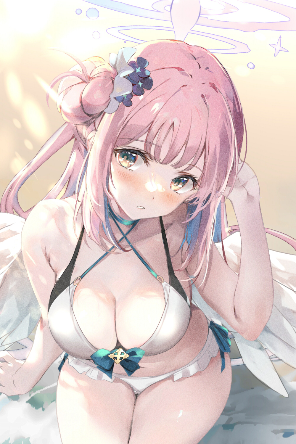 1girl arm_support bikini blue_archive blush breasts cleavage collarbone feathered_wings hair_bun halo highres looking_at_viewer medium_breasts mika_(blue_archive) pink_hair single_side_bun solo swimsuit uu-tan_(hushigi10) white_bikini white_wings wings