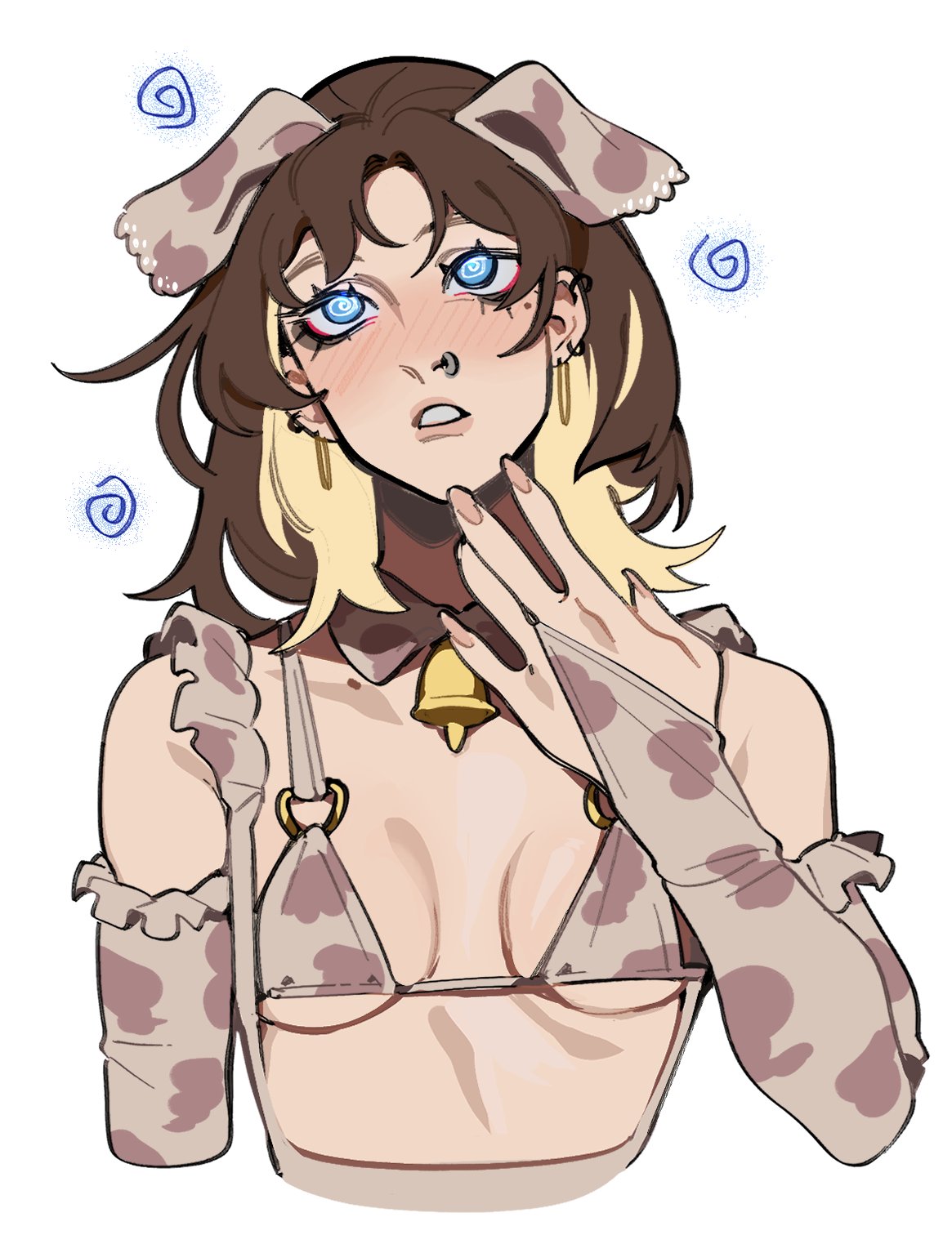 1girl @_@ animal_ears animal_print artist_self-insert bell bikini blonde_hair blue_eyes blush breasts bridal_gauntlets brown_hair clenched_teeth colored_inner_hair cow_ears cow_print cow_print_bikini cow_print_gloves cowbell detached_collar ear_piercing earrings elbow_gloves fake_animal_ears fingernails gloves hand_up highres hoop_earrings hypnosis jewelry martini_(porqueloin) medium_hair micro_bikini mind_control mole mole_under_eye multicolored_hair neck_bell nose_piercing nose_ring parted_lips piercing porqueloin print_bikini print_bridal_gauntlets print_gloves real_life real_life_insert small_breasts solo swimsuit teeth two-tone_hair upper_body