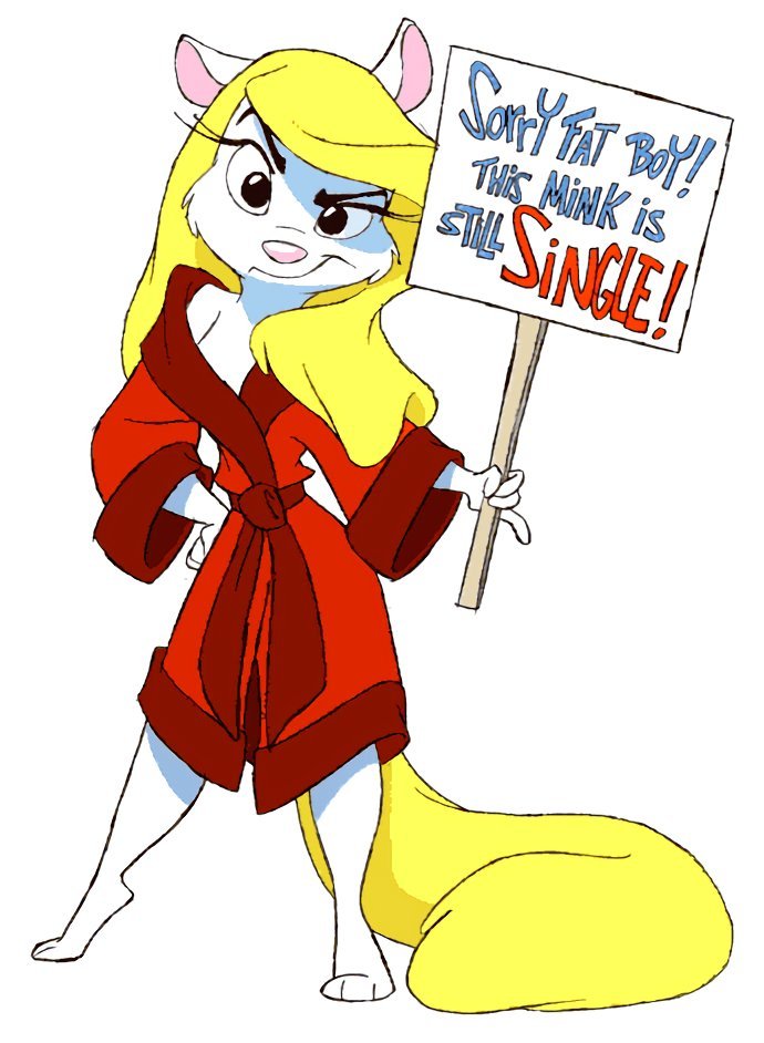 animaniacs anthro black_eyes blonde_hair clothing english_text eyelashes female full-length_portrait fur hair holding_object holding_sign looking_at_viewer mammal minerva_mink mink mustelid musteline nightgown pink_nose portrait red_clothing shawn_keller sign simple_background solo source_request standing tail text true_musteline warner_brothers white_background white_body white_fur yellow_tail