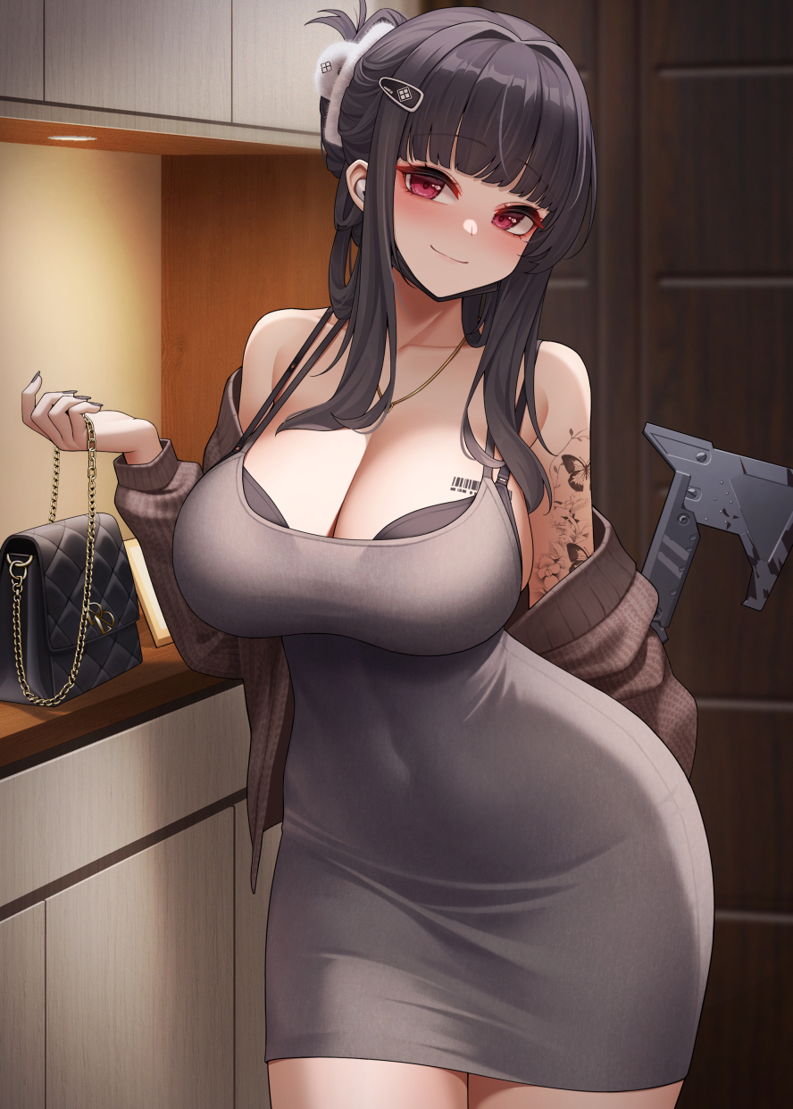 1girl arm_tattoo bare_shoulders black_bra black_hair blunt_bangs blush bra bra_peek breast_tattoo breasts brown_jacket cleavage closed_mouth collarbone covered_navel d_(killer_wife)_(nikke) d_(nikke) dress goddess_of_victory:_nikke grey_dress hair_ornament hairclip half_updo highres jacket jewelry large_breasts long_hair long_sleeves looking_at_viewer necklace off_shoulder red_eyes sidelocks smile solo tattoo underwear wei_xiao