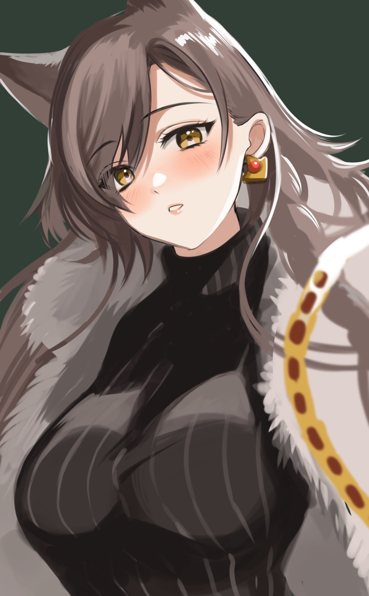 1girl :o animal_ears arknights black_sweater blush breasts brown_eyes brown_hair earrings fur-trimmed_jacket fur_trim green_background highres jacket jewelry kemurikemu large_breasts long_hair looking_at_viewer open_clothes open_jacket open_mouth penance_(arknights) penance_(occasionally_flushed)_(arknights) ribbed_sweater sidelocks simple_background solo straight_hair sweater swept_bangs teeth turtleneck turtleneck_sweater upper_body white_jacket wolf_ears wolf_girl