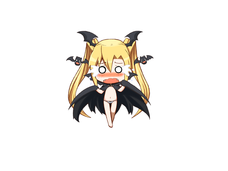 1girl bat_(animal) bat_wings black_cloak blush bmp-to-png_conversion chibi cloak crossed_ankles crying crying_with_eyes_open fangs flying_teardrops full_body game_cg hair_between_eyes hands_up head_wings holding_cloak jingai_modoki long_hair looking_at_viewer mon-musu_quest! navel nearly_naked_cloak non-web_source o_o open_mouth panties simple_background solo standing streaming_tears tears transparent_background twintails underwear vampire vanilla_(mon-musu_quest!) very_long_hair wavy_mouth white_panties wings