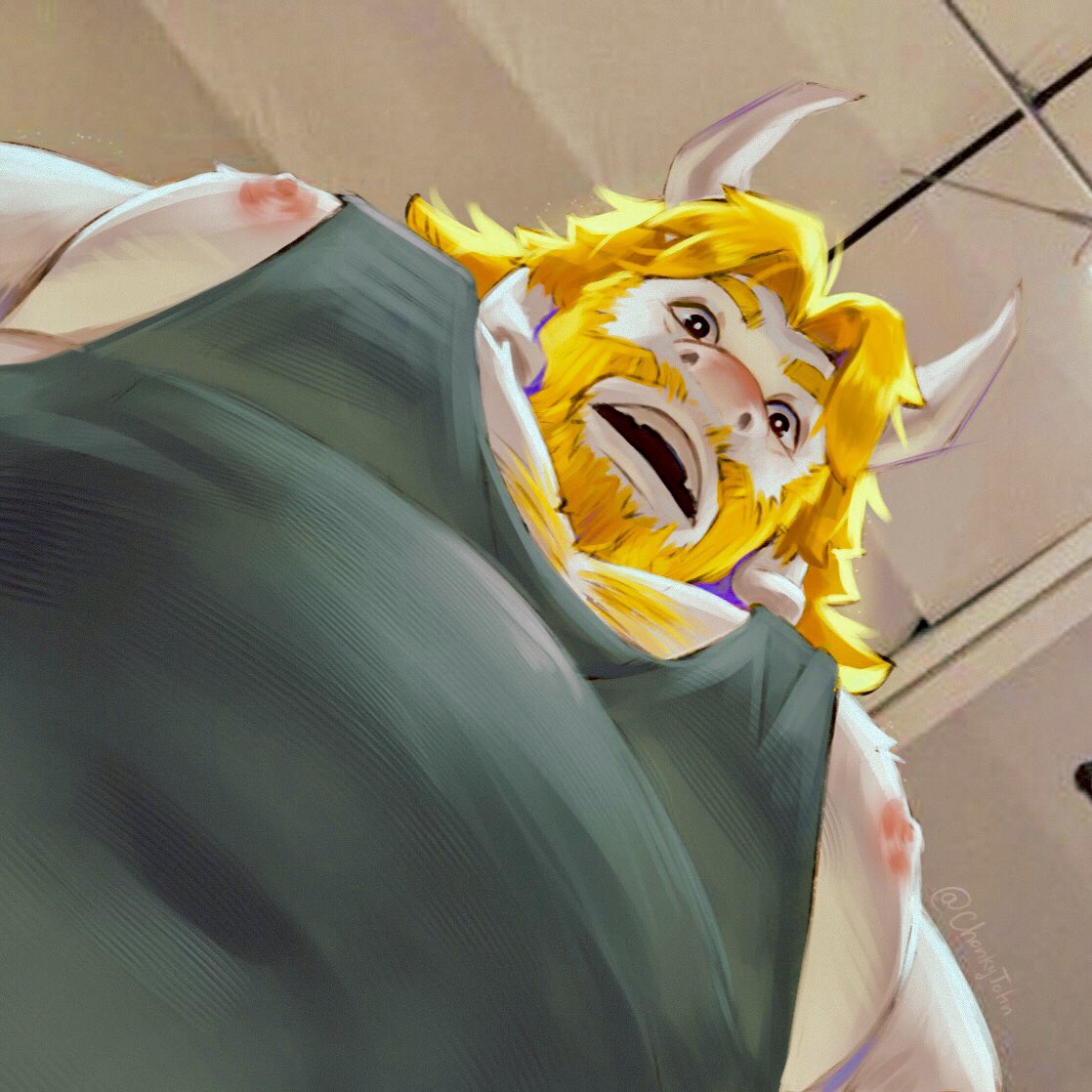 1boy animal_ears asgore_dreemurr bara beard chonkyjohn cow_ears cow_horns facial_hair foreshortening from_below full_beard furry furry_male horns large_pectorals looking_at_viewer looking_down male_focus mature_male meme minotaur muscular muscular_male nipple_slip nipples pectoral_cleavage pectoral_focus pectorals pencil_mustache photo-referenced short_hair sidepec solo sparse_chest_hair tank_top thick_beard thick_eyebrows undertale upper_body white_fur yur_oc_like_this_(meme)