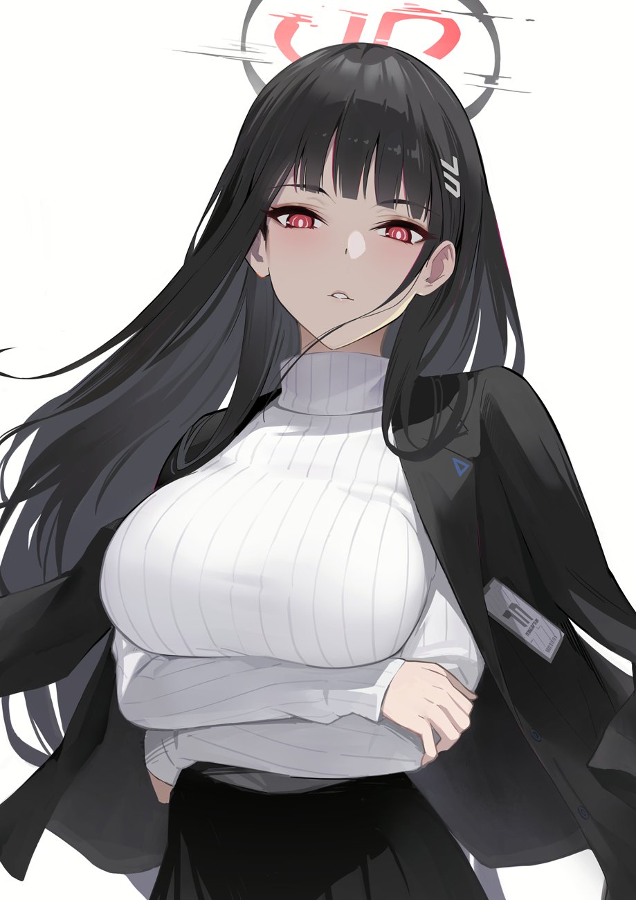 1girl arms_under_breasts black_hair blazer blue_archive blunt_bangs blush breasts commentary crossed_arms duplicate hair_ornament hairclip halo highres hime_cut jacket jacket_on_shoulders long_hair looking_at_viewer natsume_yochiki parted_lips pleated_skirt red_eyes ribbed_sweater rio_(blue_archive) simple_background skirt sleeves_past_wrists solo sweater turtleneck turtleneck_sweater white_background