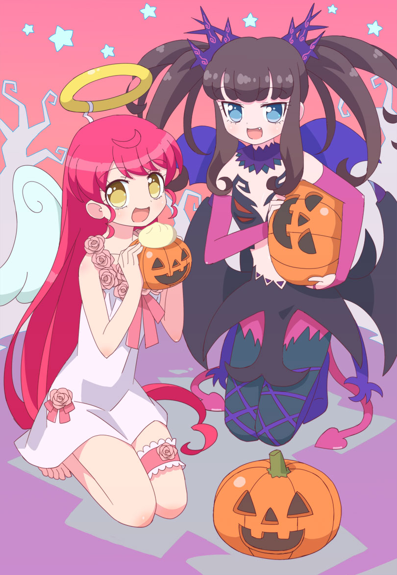 2girls :d angel angel_and_devil baozi bare_shoulders bare_tree barefoot black_pantyhose black_skirt blue_eyes boots brown_hair commentary_request demon_tail dress elbow_gloves fang flower food full_body gloves hair_down halloween halloween_costume halo hands_up holding holding_food holding_vegetable idol_clothes jack-o'-lantern kneeling ku_(residual666) kurosu_aroma long_hair looking_at_viewer multiple_girls navel open_mouth pantyhose pink_flower pink_gloves pink_rose pretty_series pripara pumpkin purple_footwear red_hair rose shiratama_mikan skirt smile star_(symbol) tail thigh_strap tree twintails vegetable very_long_hair white_dress white_wings wings yellow_eyes yellow_halo