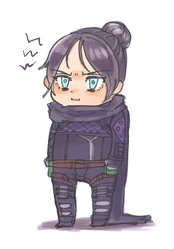 1girl animification apex_legends belt black_bodysuit black_hair black_scarf blue_eyes bodysuit brown_belt chibi hair_bun looking_ahead mikepo pout scarf shadow simple_bat single_hair_bun solo standing v-shaped_eyebrows white_background wraith_(apex_legends)