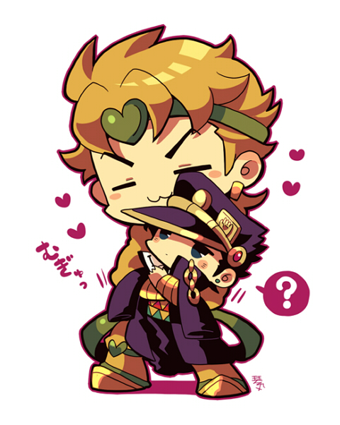 2boys :3 ? aged_down belt black_coat black_hat blonde_hair blue_eyes carrying carrying_person chibi chibi_only closed_eyes coat dio_brando earrings full_body green_headband headband jewelry jojo_no_kimyou_na_bouken kotorai kujo_jotaro male_focus multiple_belts multiple_boys no_nose outline pink_outline signature spoken_question_mark standing white_background