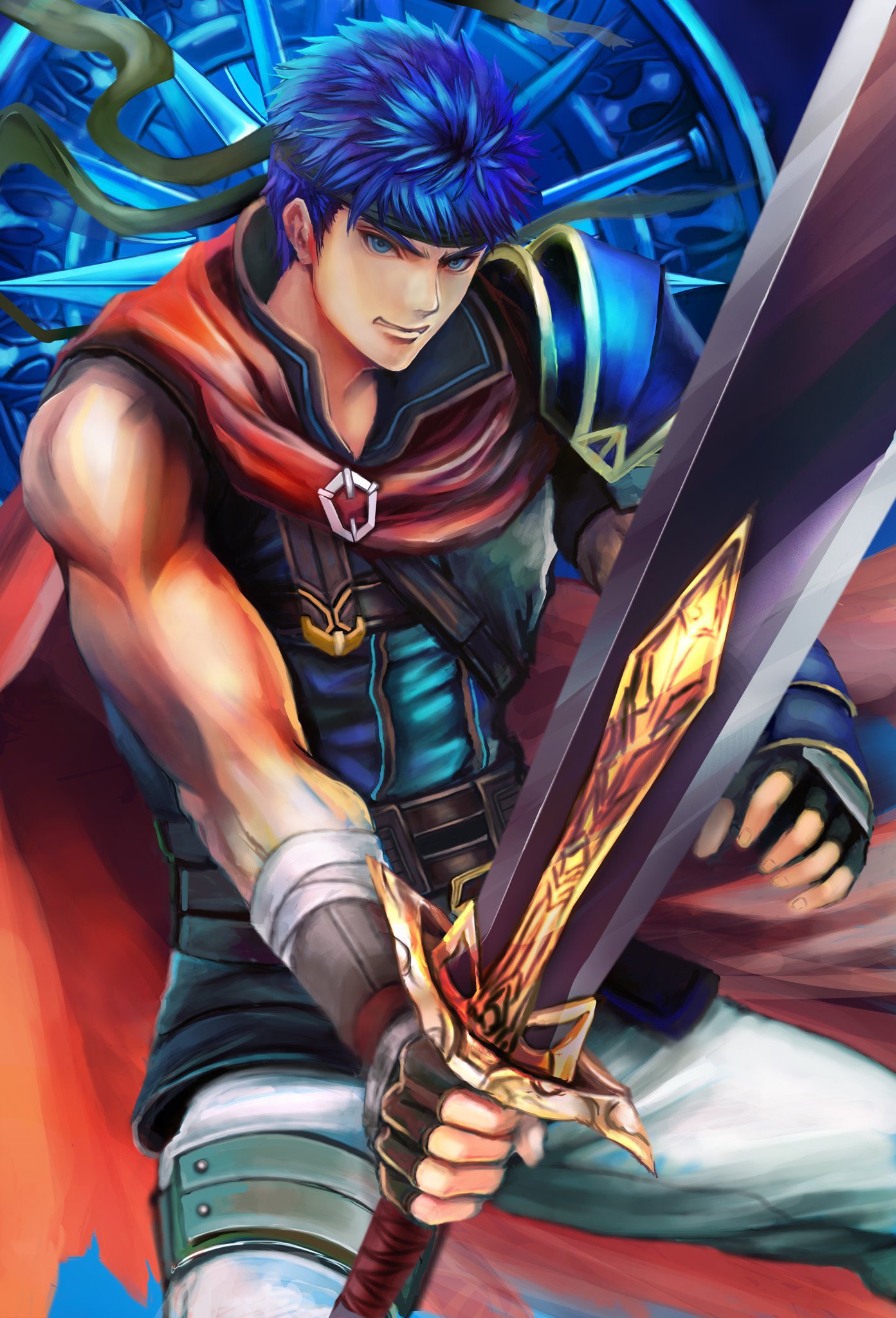 1boy blue_eyes blue_hair cape fingerless_gloves fire_emblem fire_emblem:_radiant_dawn gloves headband highres holding holding_sword holding_weapon ike_(fire_emblem) kyel_hyde male_focus muscular muscular_male solo sword weapon