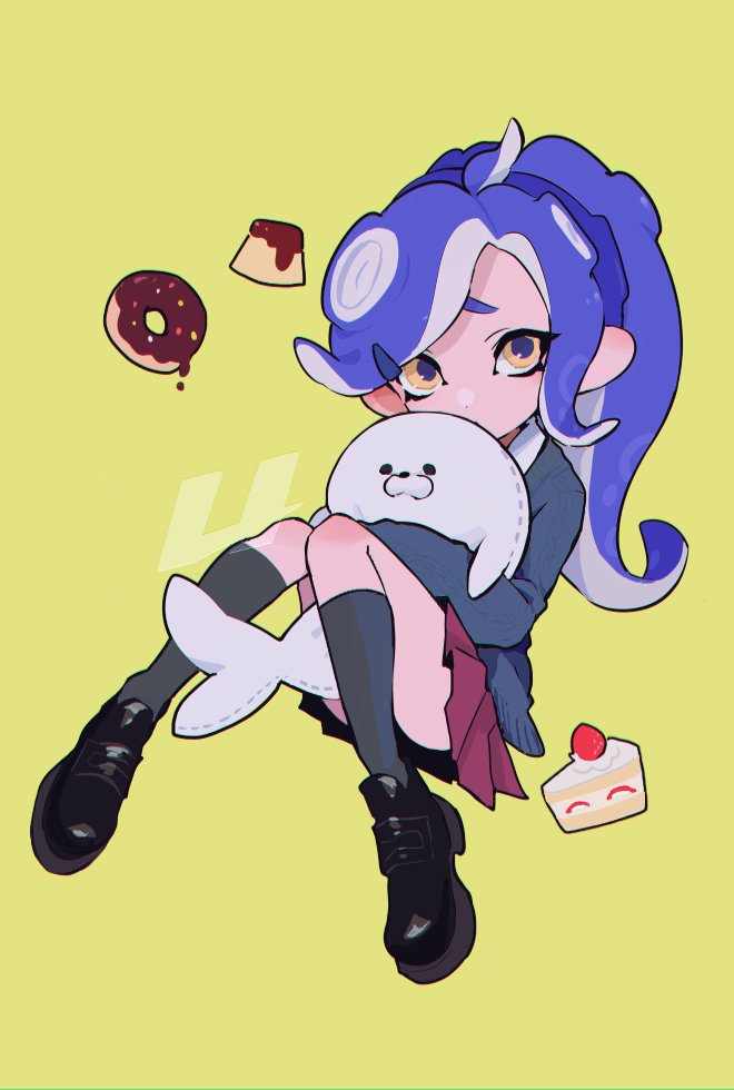 1girl black_footwear black_socks blue_cardigan cake cake_slice cardigan collared_shirt commentary covering_own_mouth dot_nose doughnut food fruit full_body hair_ornament hairclip holding holding_stuffed_toy imaikuy0 kneehighs long_hair octoling octoling_girl octoling_player_character pleated_skirt ponytail pudding purple_hair red_skirt school_uniform shirt shy skirt socks solo splatoon_(series) strawberry stuffed_animal stuffed_seal stuffed_toy suction_cups symbol-only_commentary tentacle_hair white_shirt yellow_background yellow_eyes