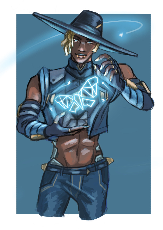 1boy abs apex_legends black_gloves black_hat blonde_hair blue_background blue_eyes blue_pants border cropped_jacket dark-skinned_male dark_skin detached_sleeves dreadlocks fingerless_gloves gloves head_tilt lip_piercing looking_at_viewer male_focus mikepo outside_border pants piercing seer_(apex_legends) sleeveless sleeveless_jacket smile solo white_border