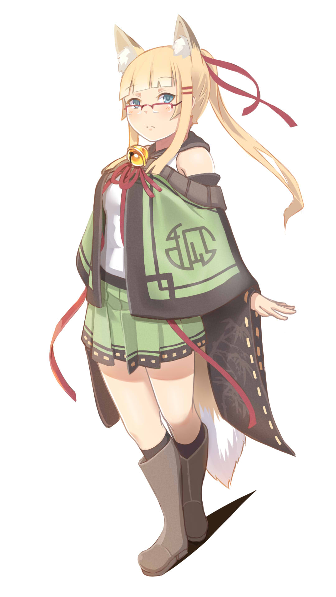 1girl animal_ear_fluff animal_ears bare_shoulders bell black_socks blonde_hair blue_eyes blush boots breasts closed_mouth commentary_request fox_ears fox_girl fox_tail full_body glasses green_skirt grey_footwear hair_ornament hair_ribbon hairclip highres jingle_bell knee_boots kneehighs kuro_kosyou long_hair medium_breasts neck_bell neck_ribbon original over-kneehighs pleated_skirt ponytail red-framed_eyewear red_ribbon ribbon ribbon-trimmed_skirt ribbon-trimmed_sleeves ribbon_trim shadow sidelocks simple_background skirt socks solo standing tail thighhighs white_background