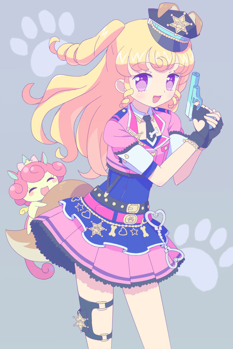 1girl :d animal_ears belt black_belt black_necktie blonde_hair bone commentary_request cowboy_shot cropped_jacket cuffs dog_ears dog_tail frilled_skirt frills grey_background gun handcuffs hands_up hat highres holding holding_gun holding_weapon holster idol_clothes idol_time_pripara jacket ku_(residual666) long_hair looking_at_viewer necktie open_mouth pink_jacket pink_skirt pleated_skirt police police_hat police_uniform pretty_series pripara punicorn purple_eyes ringlets skirt smile solo standing tail thigh_holster two_side_up unicorn uniform weapon yumekawa_yui