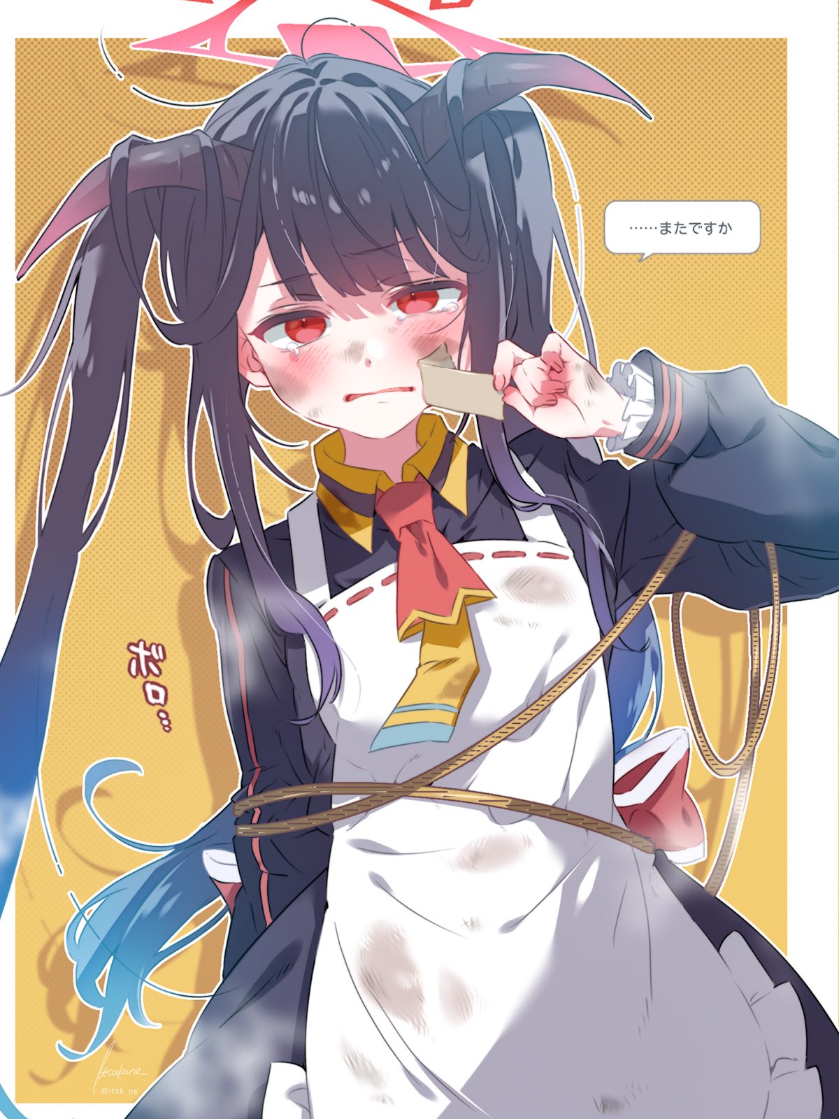 apron black_horns blue_archive crying crying_with_eyes_open demon_horns fuuka_(blue_archive) hair_on_horn halo highres horns itsk_ne looking_at_viewer red_eyes red_halo rope simple_background tape tears translated white_apron